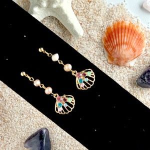 Genuine Pearl & Rhinestone Seashell Earrings in 14k Gold Plated Sterling…